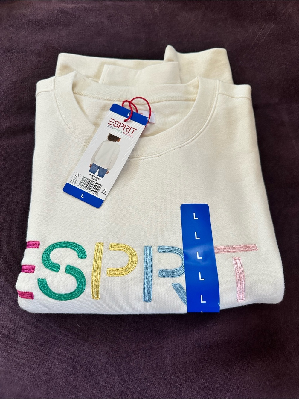 NWT Esprit Sweatshirt Cream with Multicolor Embroidered Logo L